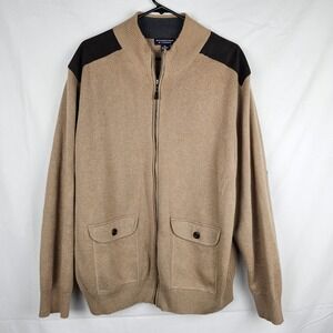Roundtree & Yorke Mens XL Full Zip‎ Sweater Beige Suede Accents Casual Cardigan
